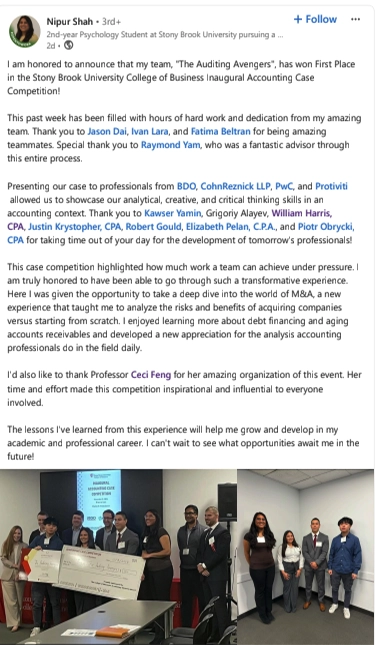 SUNY Stony Brook College of Business ACcounting Case Competition LinkedIn Post