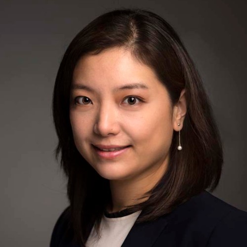 Lu Dong Portrait of a professional wearing a dark blazer over a light top, with subtle earrings, against a grey background.
