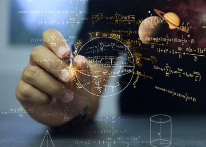 An abstract image of a hand solving mathematical puzzles on an invisitble wall