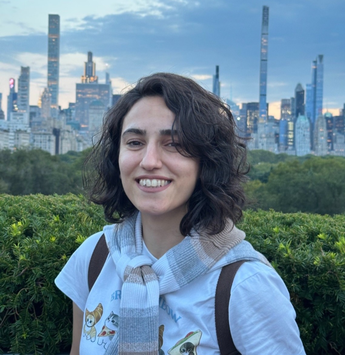 Elnaz Azimi smiling in front of a city skyline at sunset