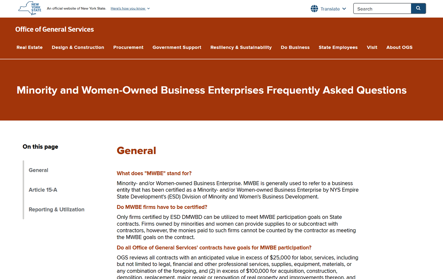 Screenshot of OGS MWBE FAQ page.