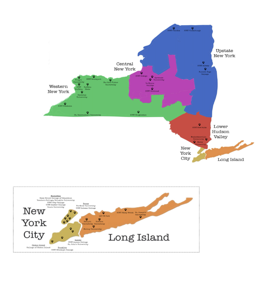 Map of New York State showing the distribution of educational leadership preparation programs across seven regions. Long Island (orange) has 6 programs, New York City (orange, shown in detailed inset) has 11 programs, Lower Hudson Valley (red) has 3 programs, Central NY (purple) has 4 programs, Upstate NY (pink) has 4 programs, and Western NY (green) has 9 programs. Each program location is marked with a pin icon on the map. The NYC inset shows the five boroughs with their respective institutions marked.